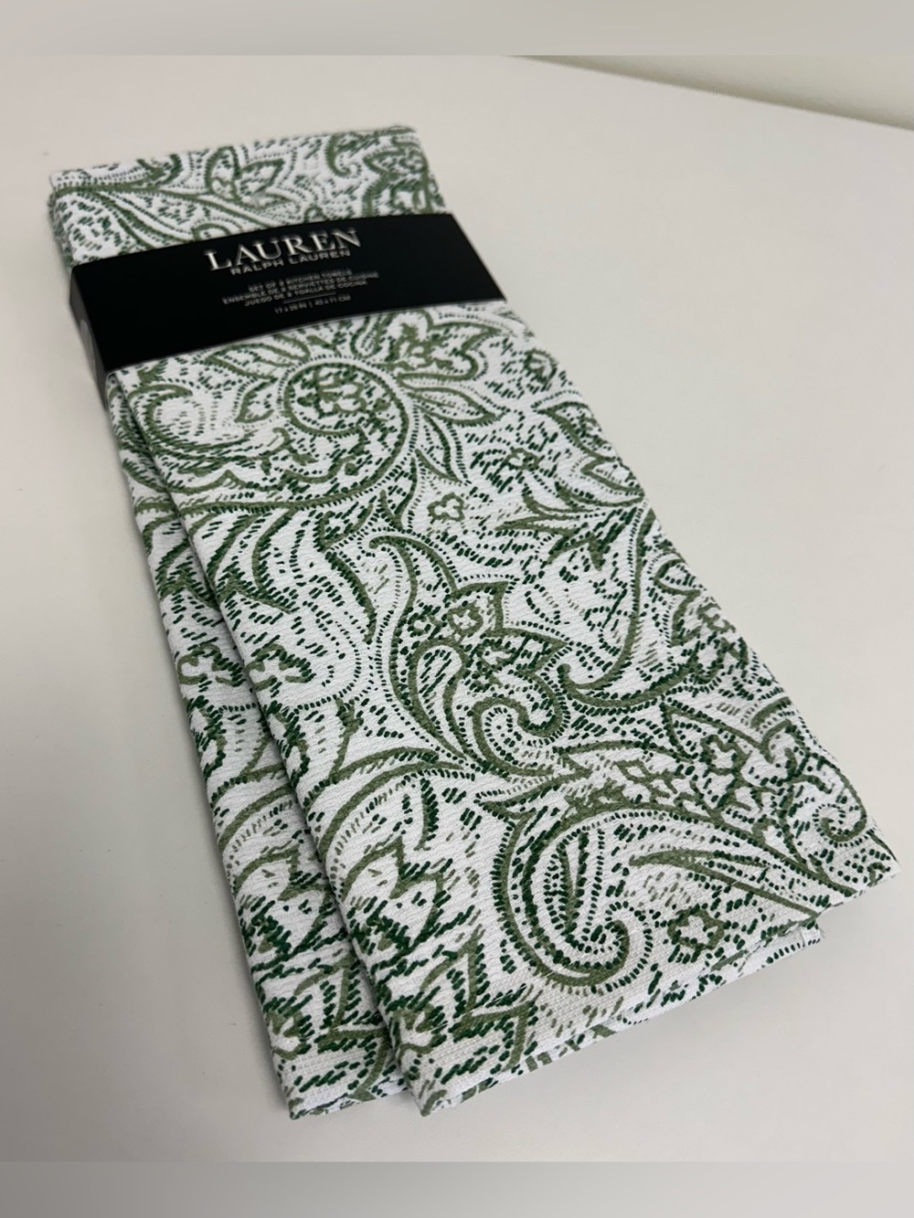 New Ralph Lauren White and Green Paisley Kitchen Towels - Set of Two